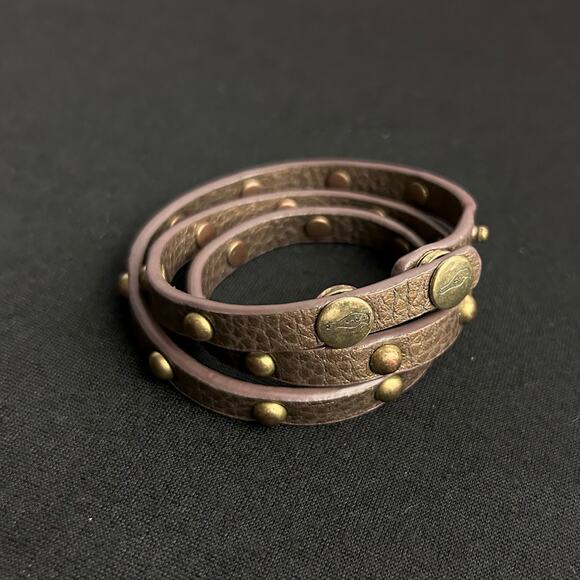 Chloe + Isabel Bronze Brown Leather Triple Wrap Studded Bracelet Gold Snaps - Picture 2 of 4